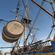 Hennessy cognac barrel being loaded onto the Hermione 
